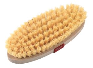 Borsten-Kardätsche, Nylon Borsten, mit Holzrücken und Handgurt