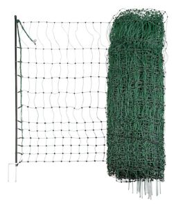 Geflügelnetz "PoultryNet" in grün, elektrisch leitend 25 m / 106cm Doppelspitze. Besonders geringe Maschenweite im unteren Bereich des Netzes