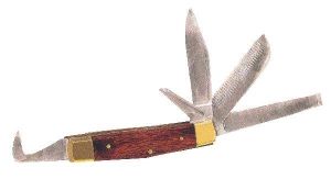 Reitermesser, ca. 10 cm lang, mit formschönem Holzgriff, Klinge aus hochwertigem Edelstahl. Mit Hufauskratzer, Universalklinge, Rinnmesser, Dosen- und Flaschenöffner und Mähnenklinge.