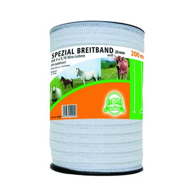 Weidezaunband 200 m x 2 cm, weiß, Leiter 4 x 0,20 + 2 x 0,30 Niro