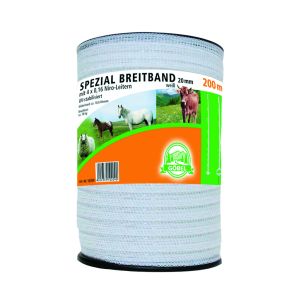 Weidezaunband 200 m x 2 cm, weiß, Leiter 4 x 0,20 + 2 x 0,30 Niro