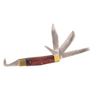 Reitermesser, ca. 10 cm lang, mit formschönem Holzgriff, Klinge aus hochwertigem Edelstahl. Mit Hufauskratzer, Universalklinge, Rinnmesser, Dosen- und Flaschenöffner und Mähnenklinge.